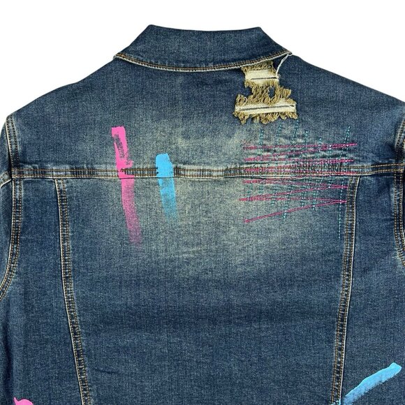 NWT Create 2MRW Men's Blue Denim Jacket Size M Distressed Hand Painted Stretch - Picture 4 of 11